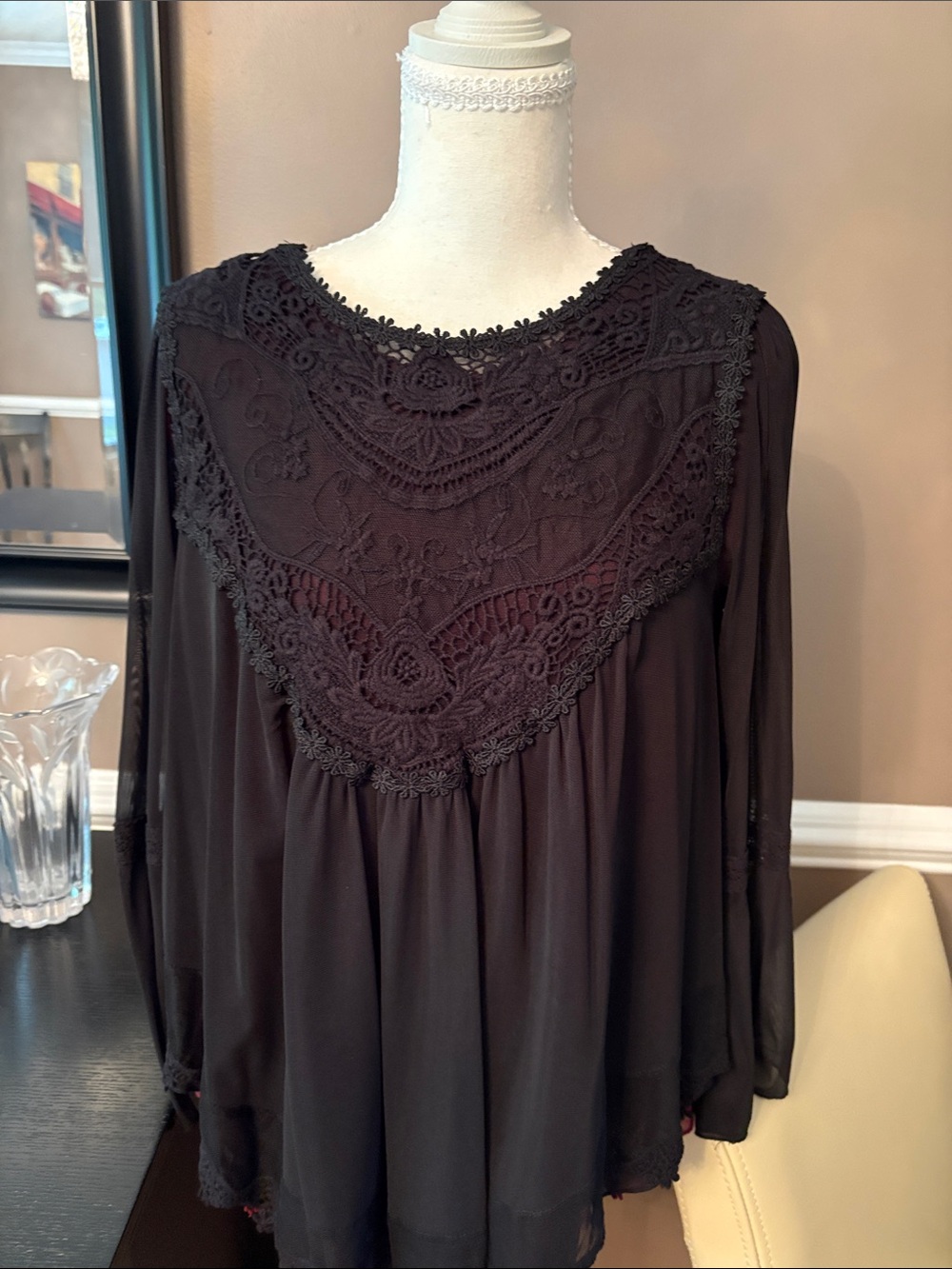 Women's Black Crochet Yoke Peasant Blouse